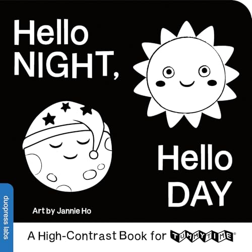 High-contrast board book cover with a smiling sun and a sleeping moon on black.