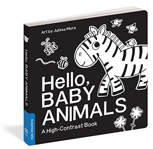 High-contrast board book cover featuring a zebra, butterfly, and bee in black and white.