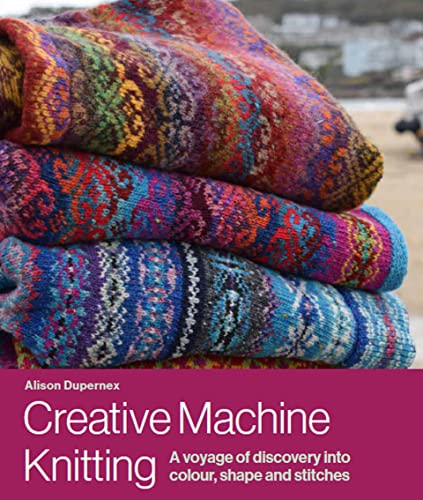 Book cover featuring a stack of colorful, patterned machine-knitted sweaters on a beach background.