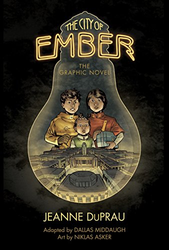 Cover of “The City of Ember” graphic novel featuring three children and a city.