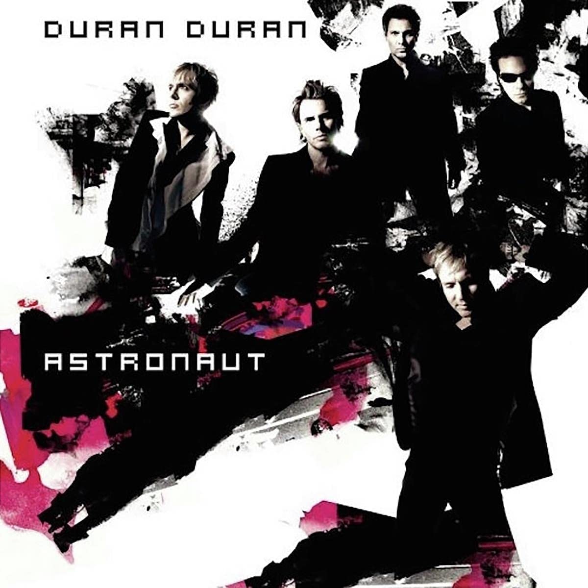 "Duran Duran band members in black on abstract album cover with red accents."