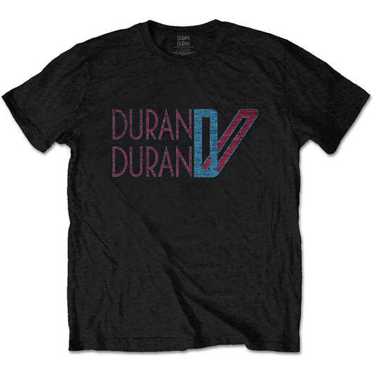 Black t-shirt with red and blue “Duran Duran” logo on chest.