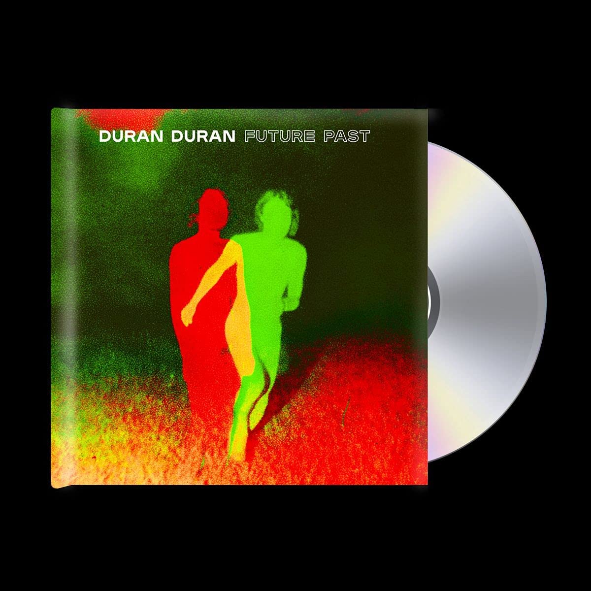 "Duran Duran's 'Future Past' album cover featuring two silhouetted figures against a red and green background."