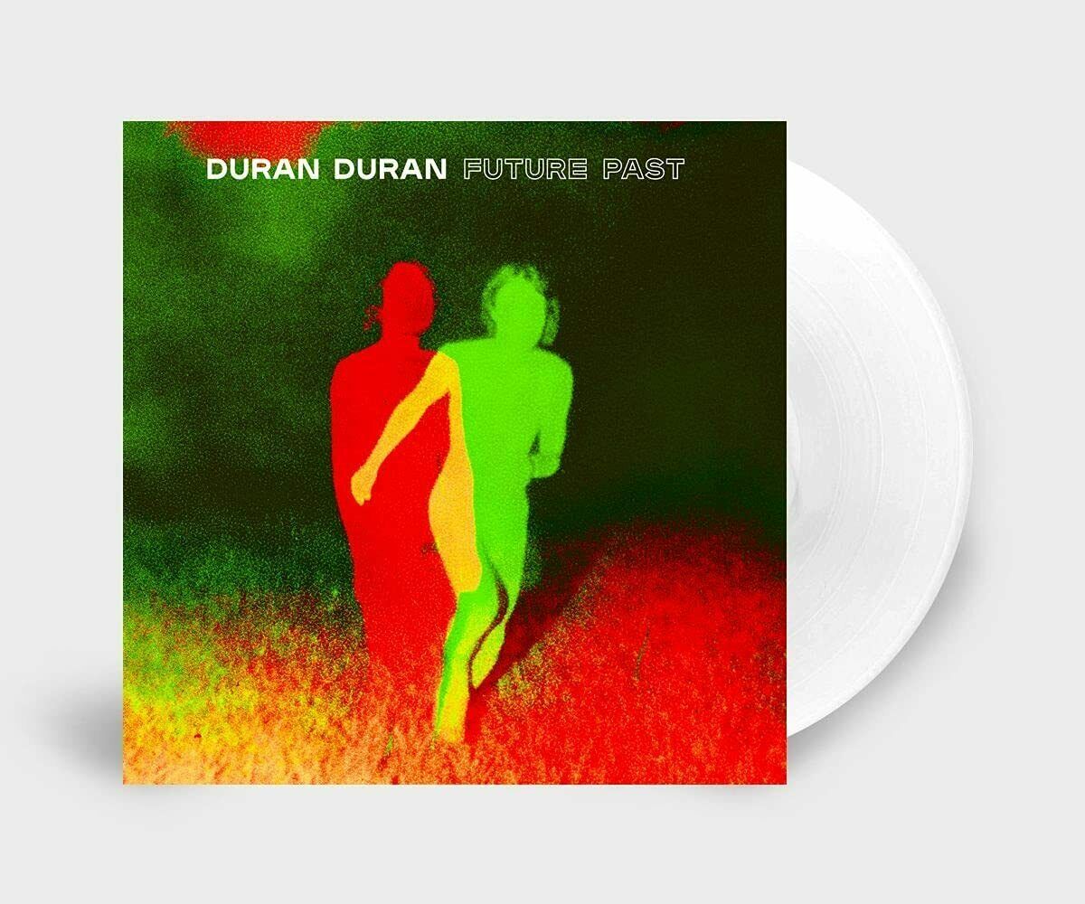 Album cover with red and green silhouettes of two people running, dark background.