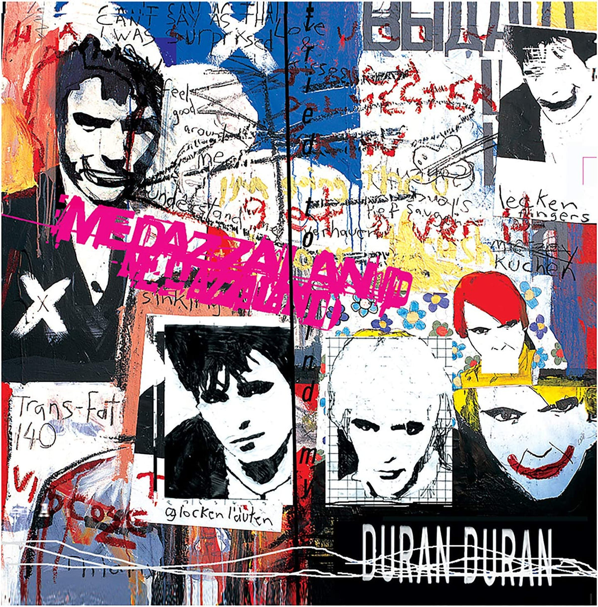 "Duran Duran's Medazzaland CD cover featuring collaged portraits and graffiti."