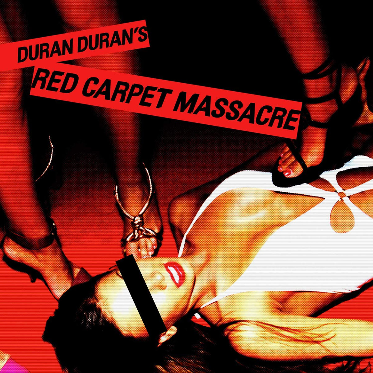 "Duran Duran's Red Carpet Massacre album cover featuring a woman in a white dress."