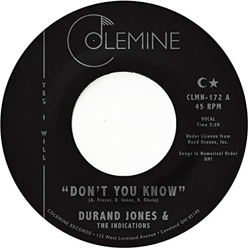Black vinyl record label with white text: "Durand Jones & The Indications.