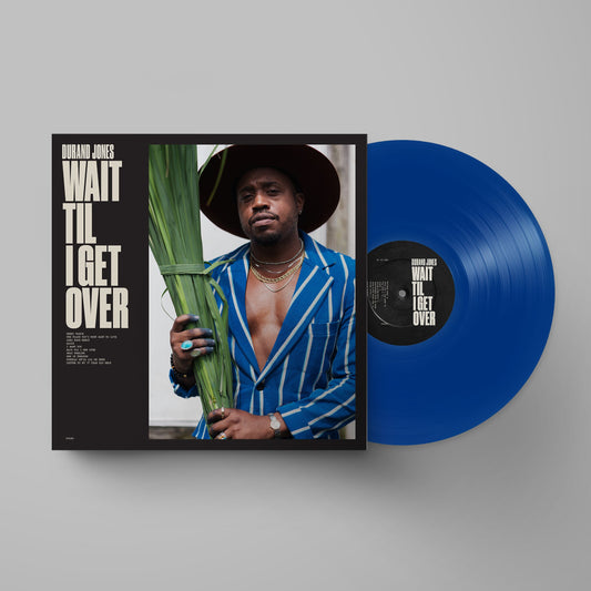 Durand Jones album cover and blue vinyl record with portrait.