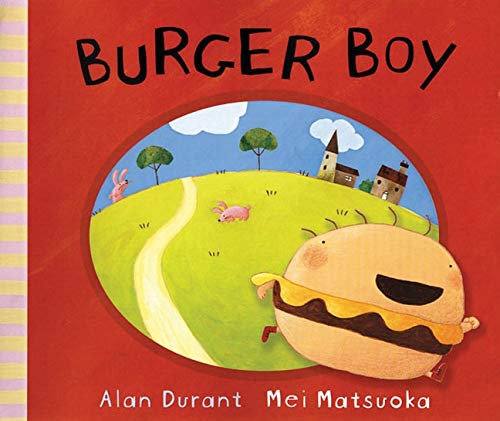A cartoon burger with arms and legs running across a grassy hill.