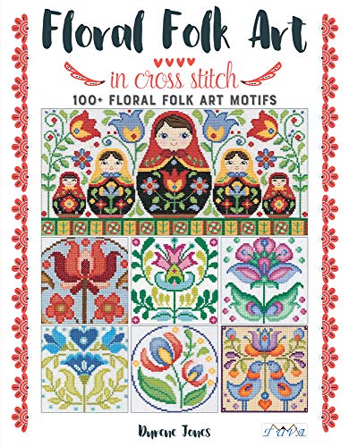 Book cover titled Floral Folk Art in Cross Stitch featuring various colorful cross-stitch patterns.