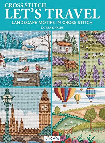 Book cover showing various landscape cross stitch patterns including snowy scenes, countryside, and landmarks.