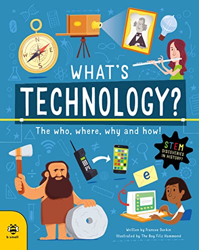 Book cover with title "What's Technology?" surrounded by various historical and modern inventions.