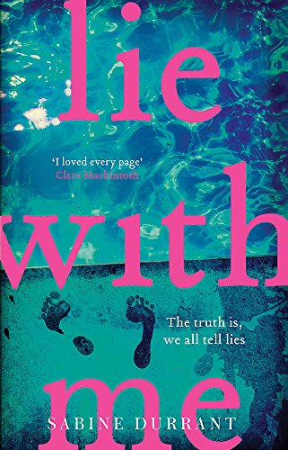 Book cover: “Lie With Me” with pink text, water, and footprints.