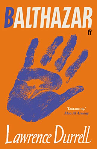 Book cover: "Balthazar" by Lawrence Durrell, with a blue handprint.