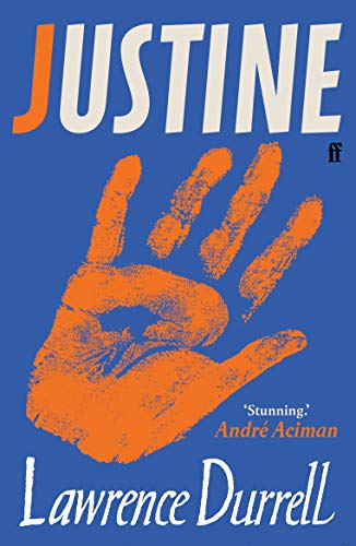 Book cover: "Justine" by Lawrence Durrell with an orange handprint.