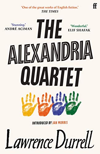 Book cover for The Alexandria Quartet by Lawrence Durrell featuring four colorful handprints.