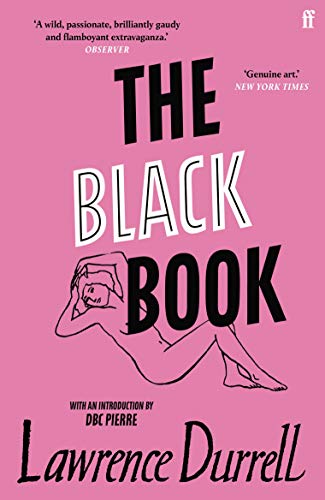 Book cover: “The Black Book” by Lawrence Durrell, with a pink line-art illustration.