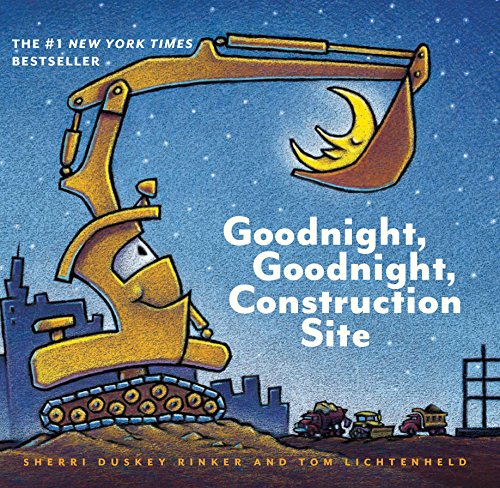 An excavator with a face holds a sleeping crescent moon in its bucket at night.
