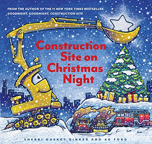 Yellow excavator shines a star-shaped light on a snowy construction site.