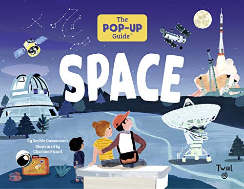 Book cover: children looking at space scenes with rockets and telescopes.