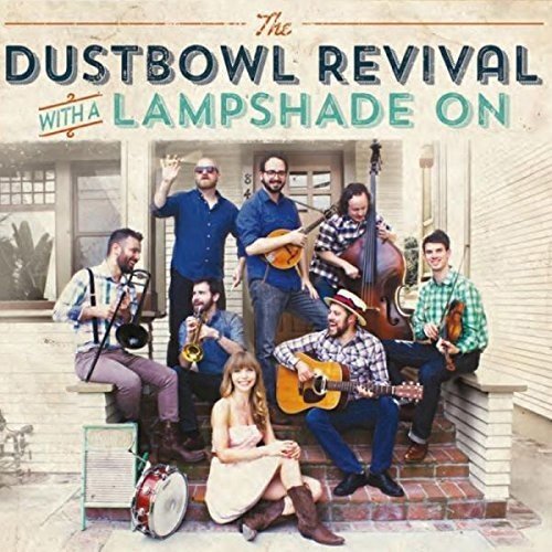"CD cover featuring a band of seven musicians posing on porch steps with instruments."