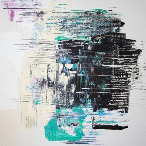 Abstract painting in black, teal, and white on a CD cover.