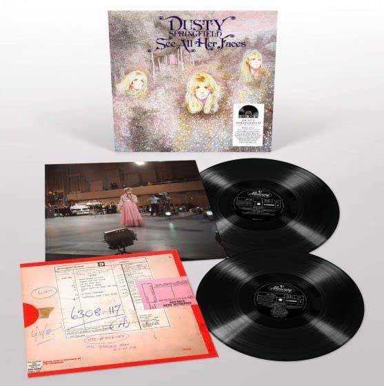 Dusty Springfield album cover with vinyl records and a concert photo.