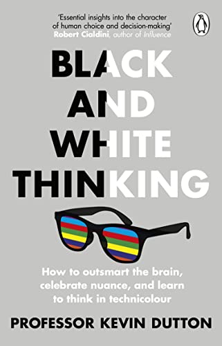 Book cover with bold text "Black and White Thinking" and rainbow glasses.