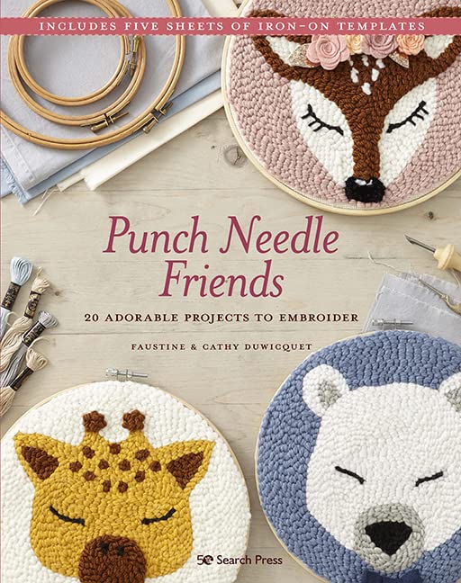 Book cover featuring punch needle embroidery projects of a deer, giraffe, and polar bear.