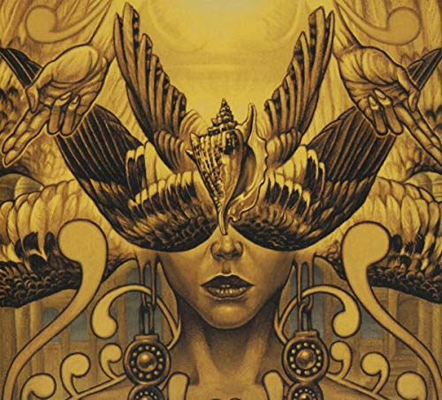 Golden illustration of a face with wings and a seashell.