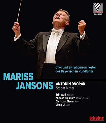 Conductor Mariss Jansons directing an orchestra on the Dvorak Stabat Mater Blu-ray cover.