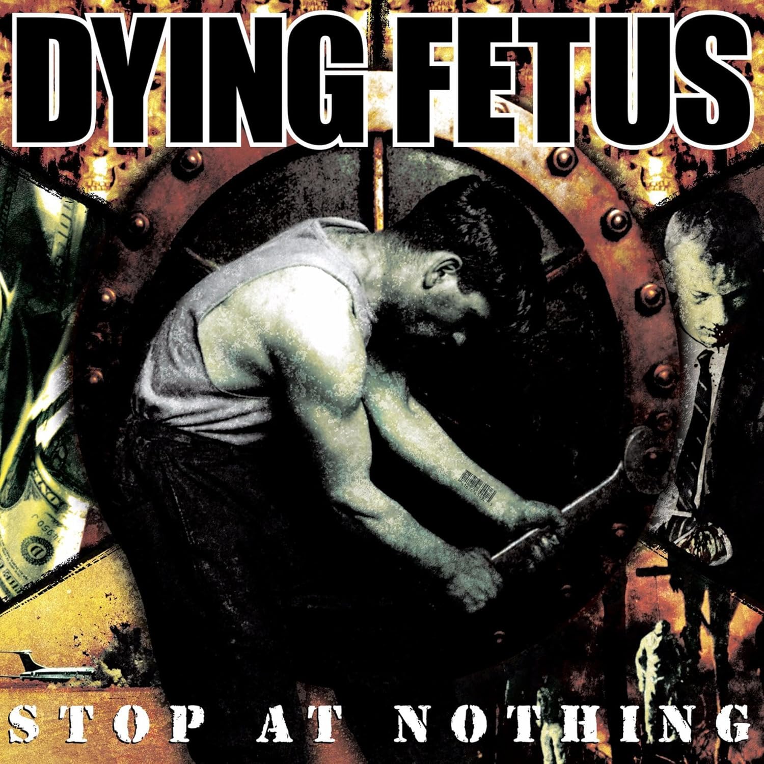 Vinyl record of Dying Fetus’ “Stop At Nothing” album, dark cover art.