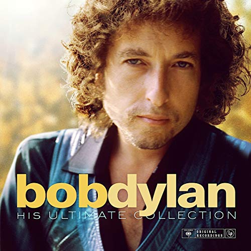 Bob Dylan portrait album cover, featuring curly hair and yellow text.