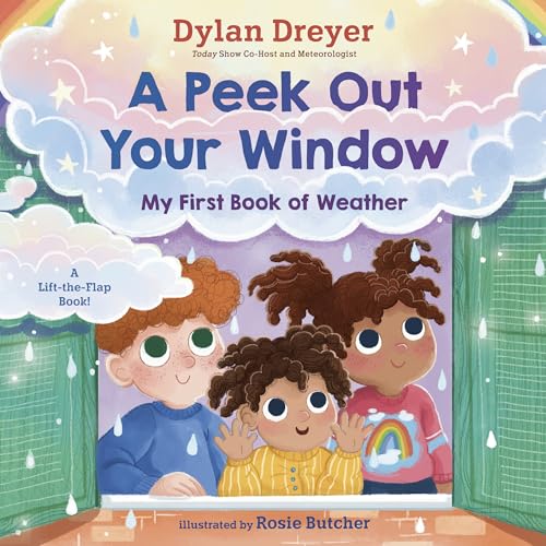 Children looking out a window in the rain, weather-themed book cover.