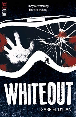 Book cover: "Whiteout" with cracked goggles, a handprint, and a silhouetted figure.