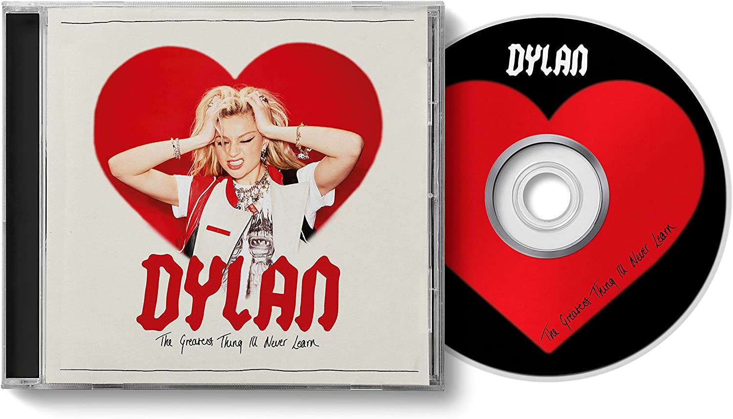 CD case with "Dylan" album cover, featuring a blonde woman inside a red heart.