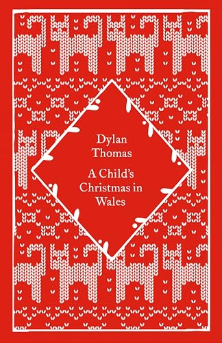 Red book cover with white knitted pattern and title: "A Child's Christmas in Wales".