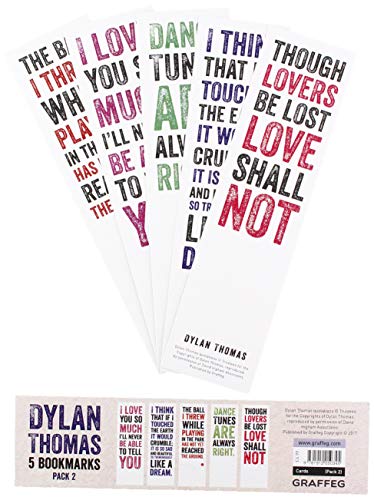 Five colorful bookmarks with lines of poetry by Dylan Thomas.