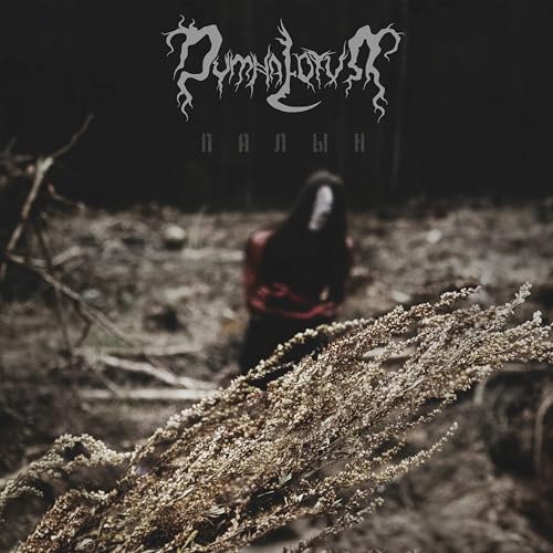Dark forest scene with figure in mask, album cover art.