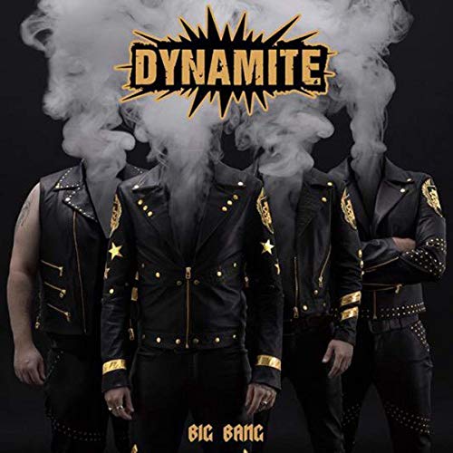 Album cover for Dynamite - Big Bang featuring figures in black jackets.