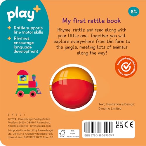 Ravensburger rattle book cover with red rattle and toy train illustration.