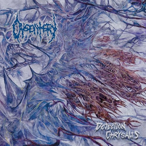 Abstract, chaotic purple and grey artwork with spiky, organic, skeletal shapes and band logos.