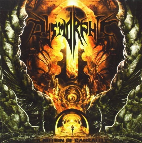 "Album cover art featuring a dark, fiery tunnel with a figure and skeletal hands."