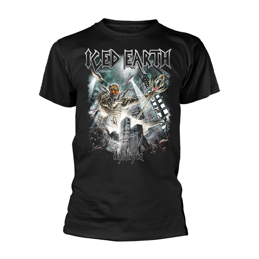 Black t-shirt with a dystopian cityscape and band logo "Iced Earth".