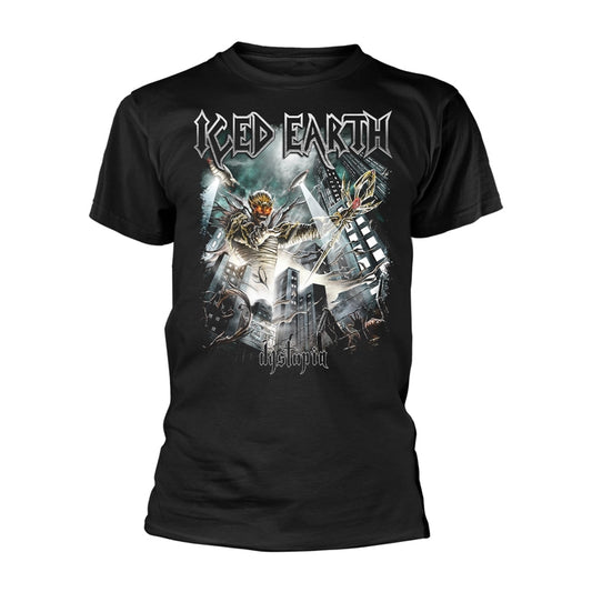 Black t-shirt with a dystopian cityscape and band logo "Iced Earth".