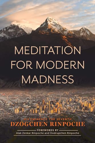 Book cover: mountains above a city, title “Meditation for Modern Madness.”