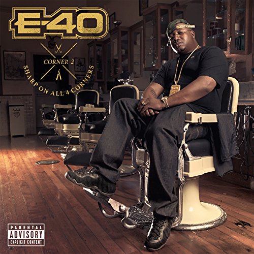E-40 album cover featuring the rapper seated in a barbershop chair.