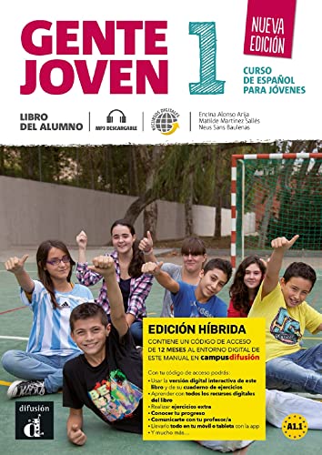 Spanish textbook cover with young people raising hands, headphones, and digital access code.