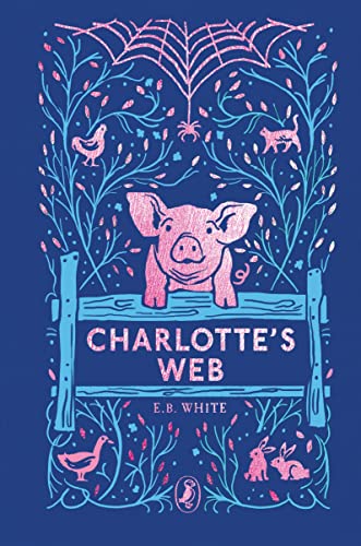 Book cover for "Charlotte's Web" featuring a pig, spiderweb, and farm animals.