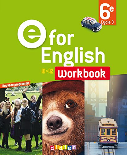 “E for English” workbook cover with children, Paddington Bear, and city scenes.
